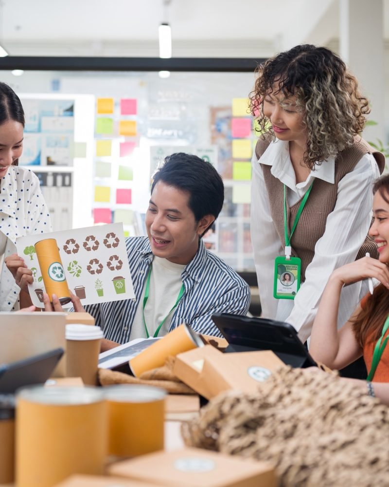 Asian business meet sustainable practices, focusing on reuse, recycling, and environmental product